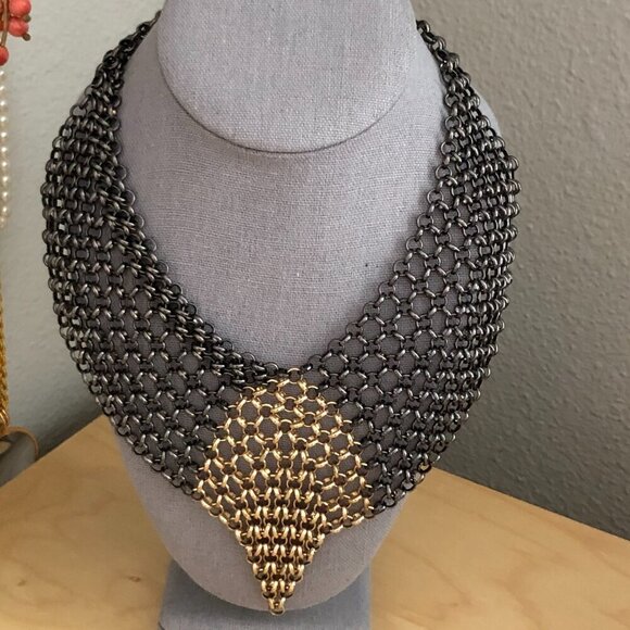Maximalist Gunmetal & Bronze Chainmail Style Fringe Bib Statement Necklace - Picture 2 of 6